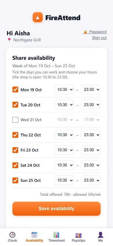 The Availability tab: each day of next week with the hours this person can work.