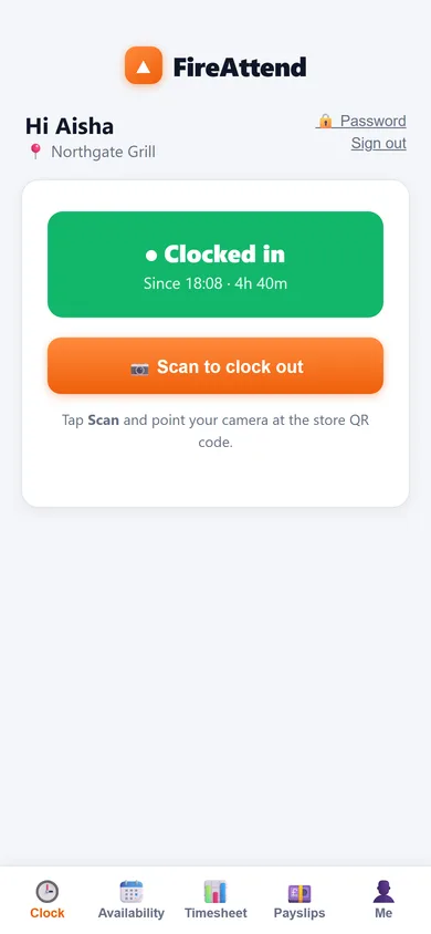 The staff app's Clock tab: a green banner reading Clocked in since 18:08, with a Scan to clock out button.