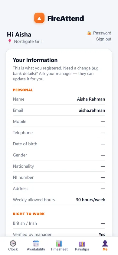 The Me tab: personal details, right-to-work, emergency contact and bank details, with a button to upload a document.