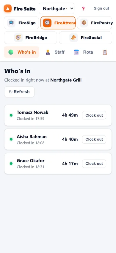 The manager's dashboard on a phone, showing who is clocked in right now with how long they have been on and a Clock out button for each.