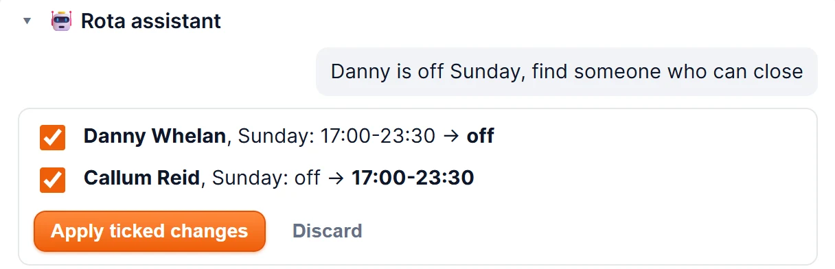 The rota assistant on the Rota screen. The manager has typed: Danny is off Sunday, find someone who can close. Below it, two ticked changes — Danny Whelan, Sunday: 17:00–23:30 to off; Callum Reid, Sunday: off to 17:00–23:30 — and an Apply ticked changes button.