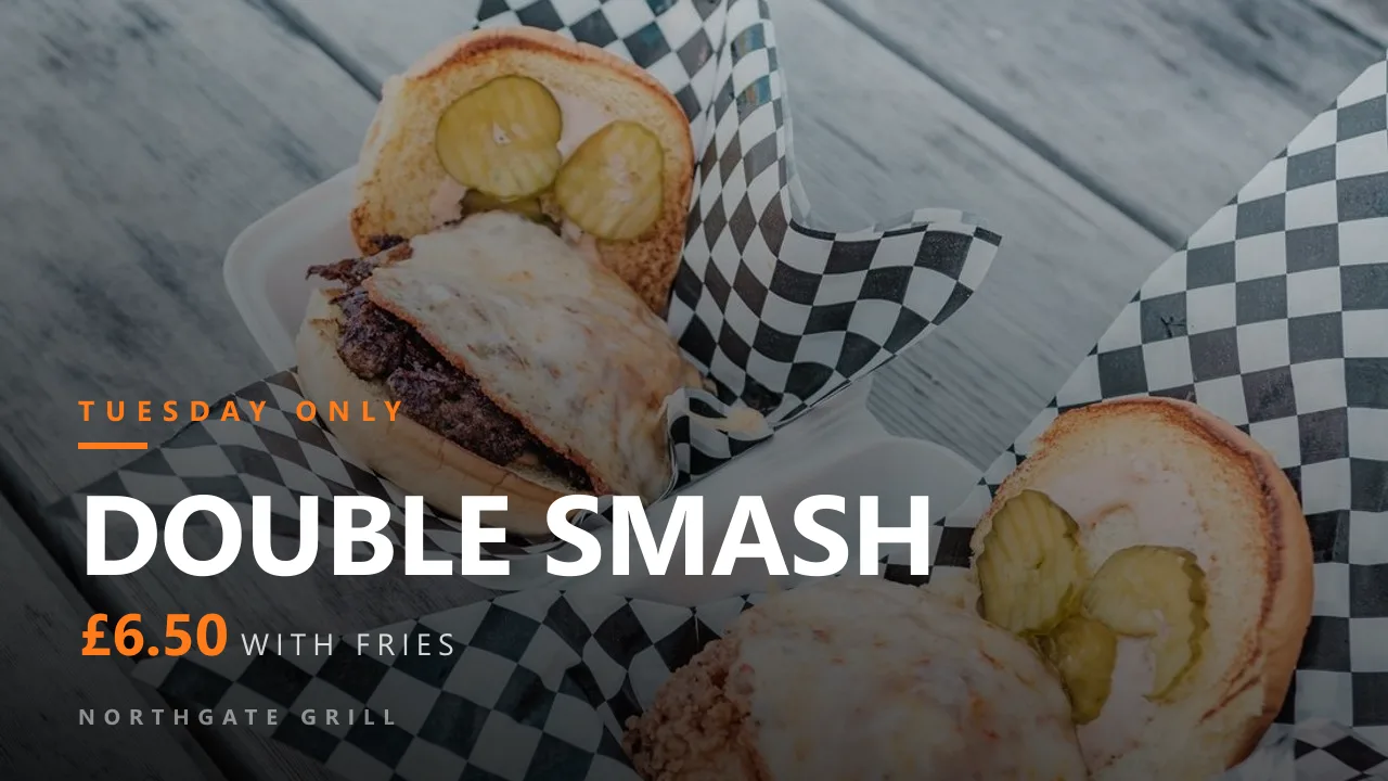 A menu screen showing a photo of two burgers with the offer Tuesday only — Double Smash, £6.50 with fries.