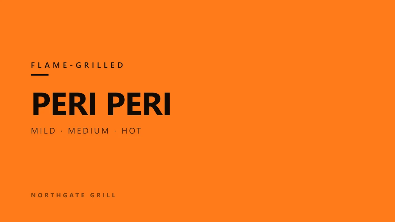 A menu screen reading Peri Peri — mild, medium, hot.