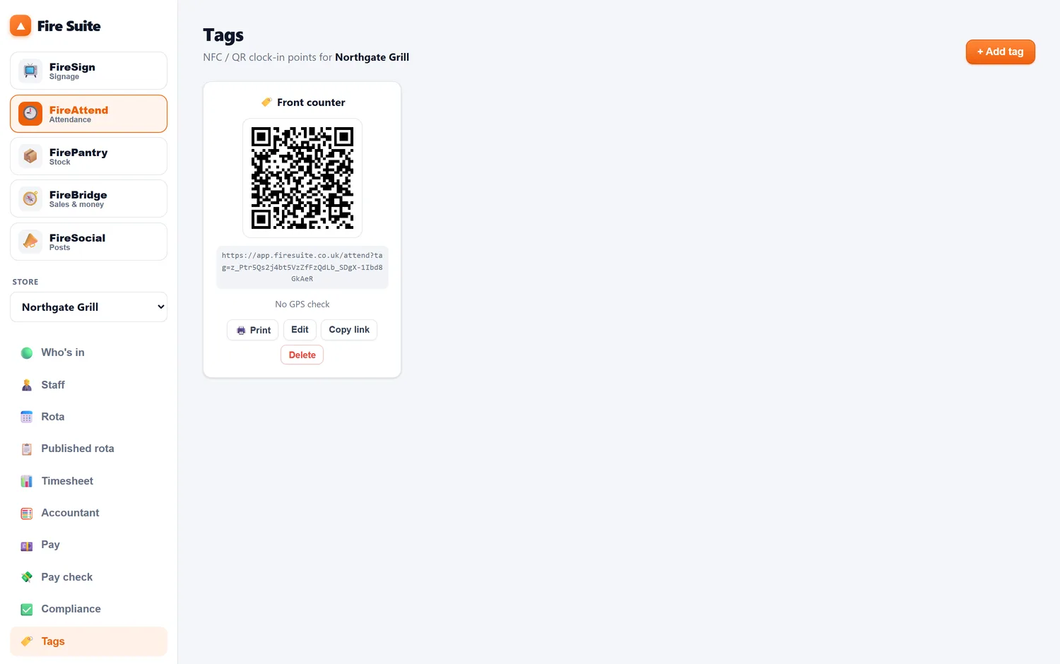 The tags screen: a shop's clock-in point with its QR code, the link it carries, and buttons to print or edit it.